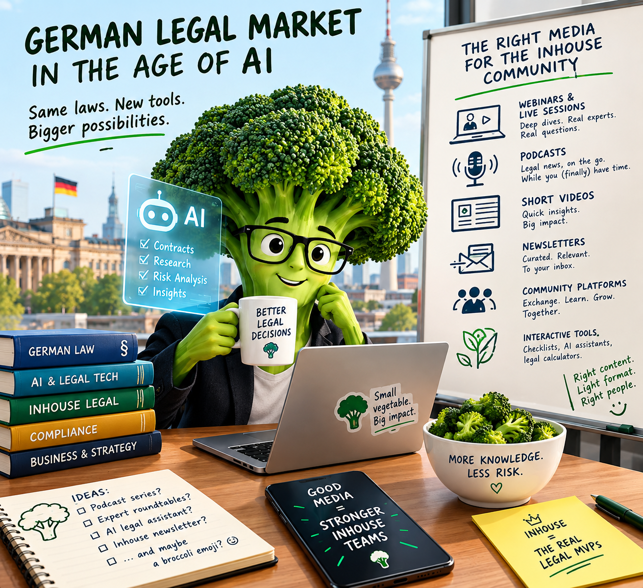 A cheerful broccoli General Counsel with legal books and AI tools in a Berlin office